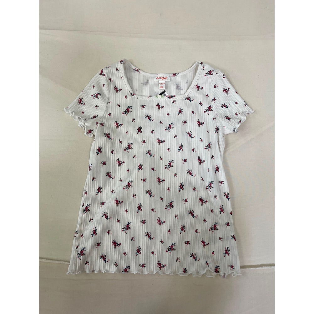 Cat & Jack Girls White Floral Ribbed Knit Square Neck Top Large 10/12 Rosette
